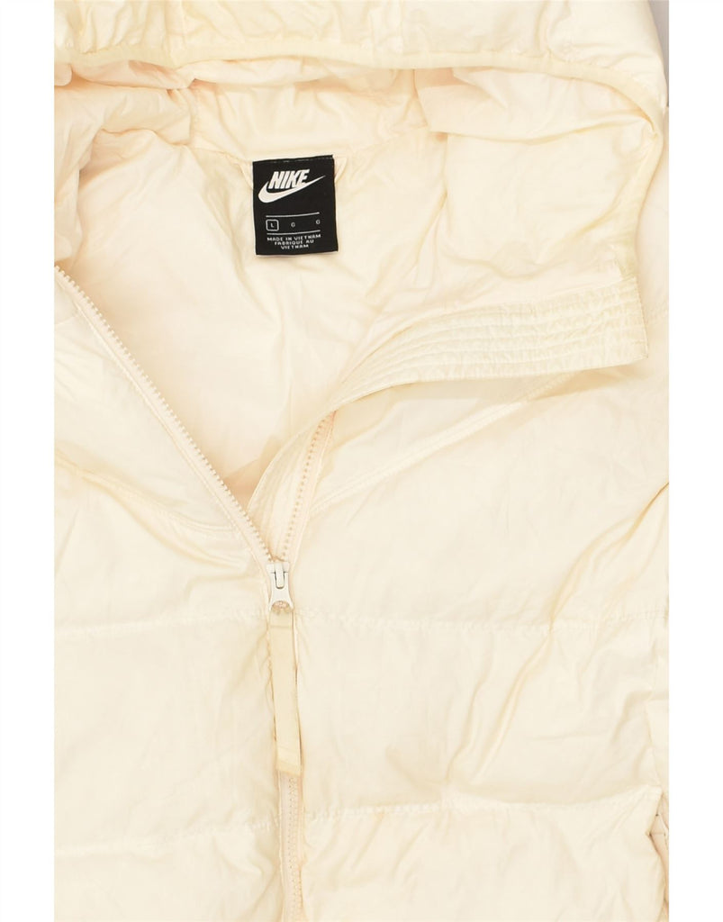 NIKE Womens Hooded Padded Coat UK 16 Large Off White Polyester | Vintage Nike | Thrift | Second-Hand Nike | Used Clothing | Messina Hembry 