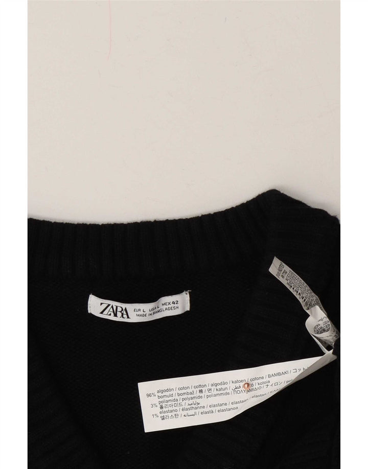 Zara Mens V-Neck Jumper Sweater Large Black Cotton