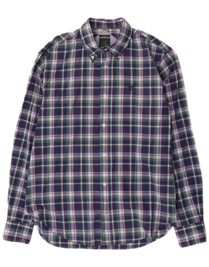 Henry Cottons Mens Slim Fit Shirt Size 39 Medium Navy Blue Check Cotton