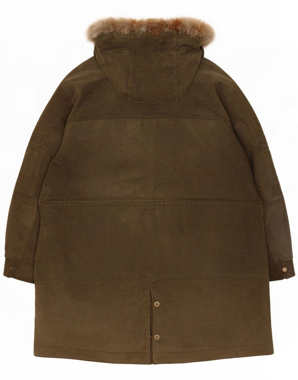 Vintage Womens Hooded Suede Parka Jacket UK 24 4XL Khaki Leather