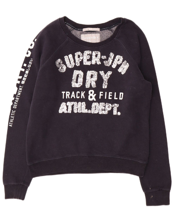 SUPERDRY Womens Track & Field Crop Sweatshirt Jumper UK 16 Large Navy Blue