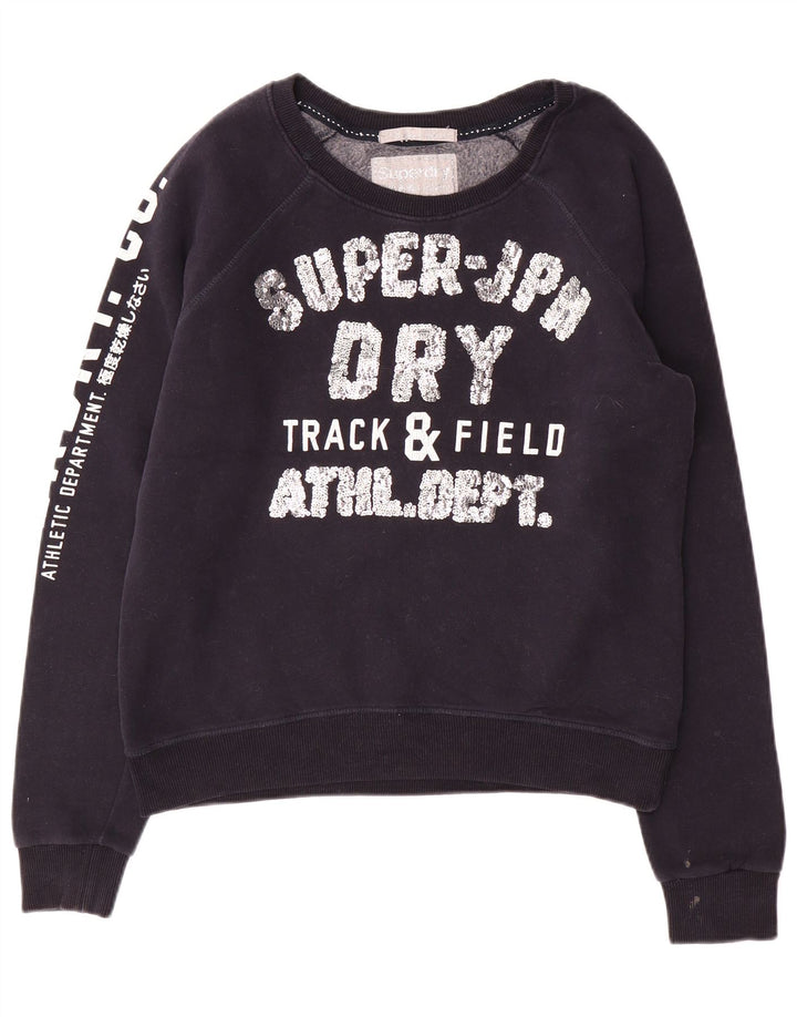 SUPERDRY Womens Track & Field Crop Sweatshirt Jumper UK 16 Large Navy Blue