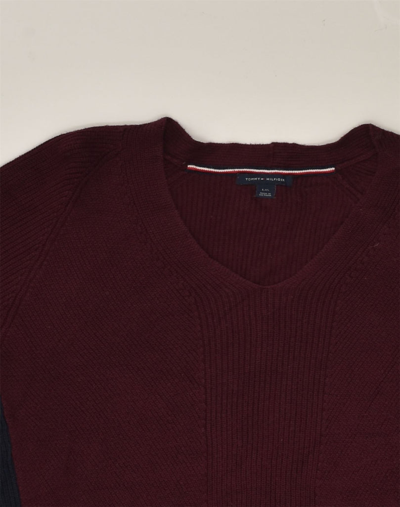 TOMMY HILFIGER Womens V-Neck Jumper Sweater UK 14 Large Maroon Cotton | Vintage Tommy Hilfiger | Thrift | Second-Hand Tommy Hilfiger | Used Clothing | Messina Hembry 