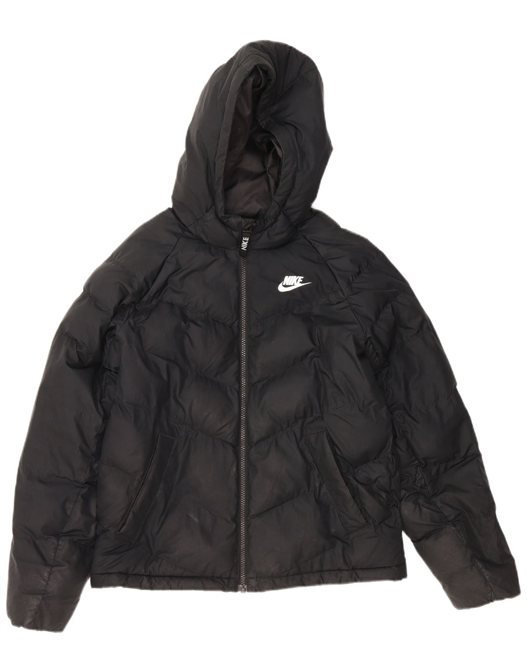 NIKE Boys Hooded Padded Jacket 12-13 Years Large Black Polyester