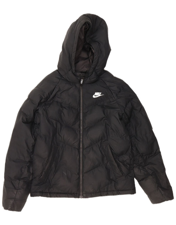 NIKE Boys Hooded Padded Jacket 12-13 Years Large Black Polyester