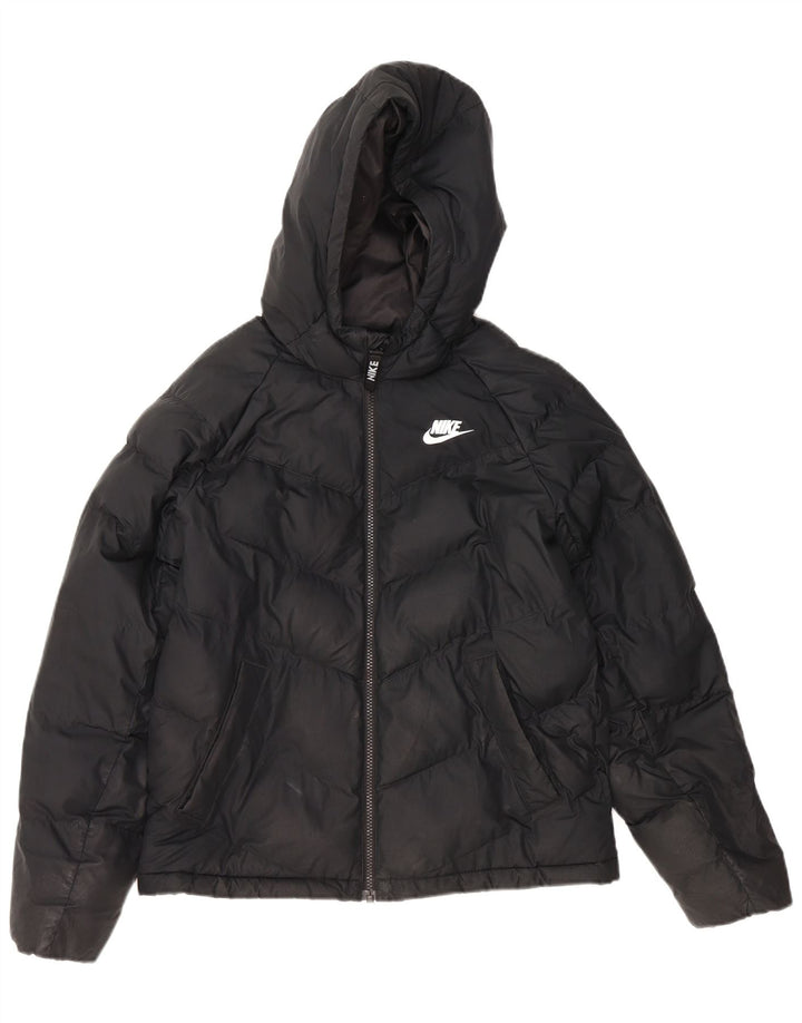 NIKE Boys Hooded Padded Jacket 12-13 Years Large Black Polyester