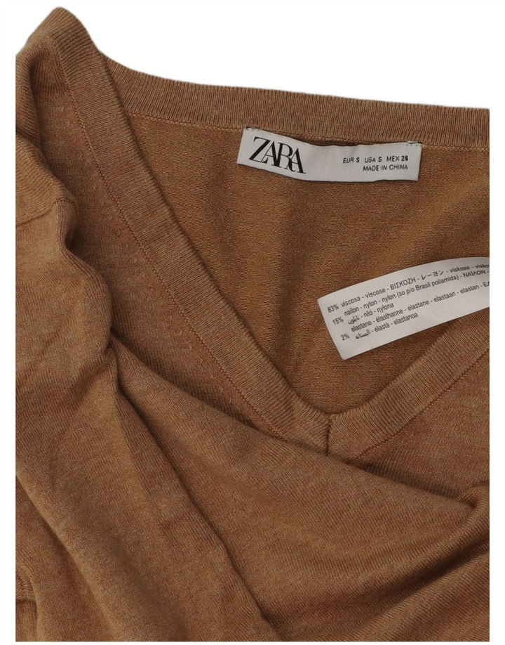Zara Womens V-Neck Jumper Sweater UK 10 Small Brown Viscose