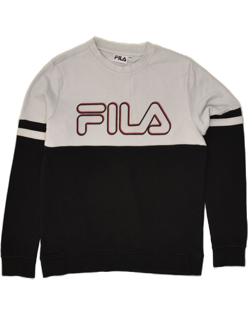 FILA Boys Graphic Sweatshirt Jumper 11-12 Years Black Colourblock Cotton | Vintage Fila | Thrift | Second-Hand Fila | Used Clothing | Messina Hembry 