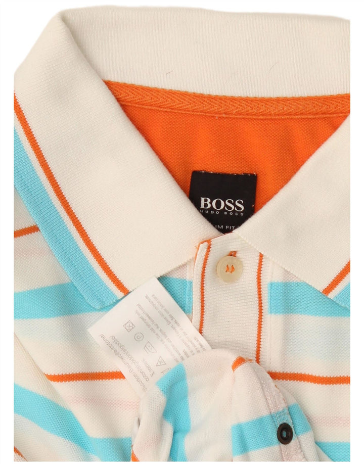 Hugo Boss Mens Slim Fit Polo Shirt Medium White Striped Cotton