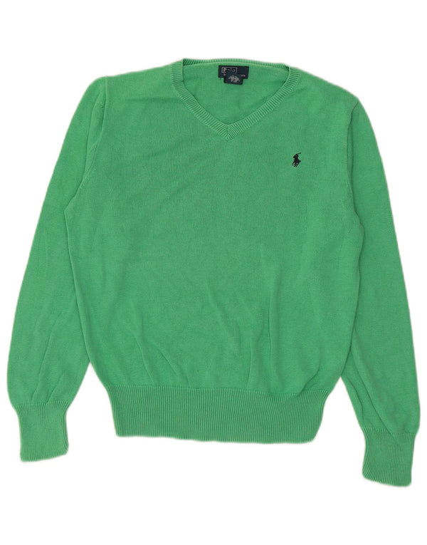 Polo Ralph Lauren Boys V-Neck Jumper Sweater 14-15 Years Large Green Cotton