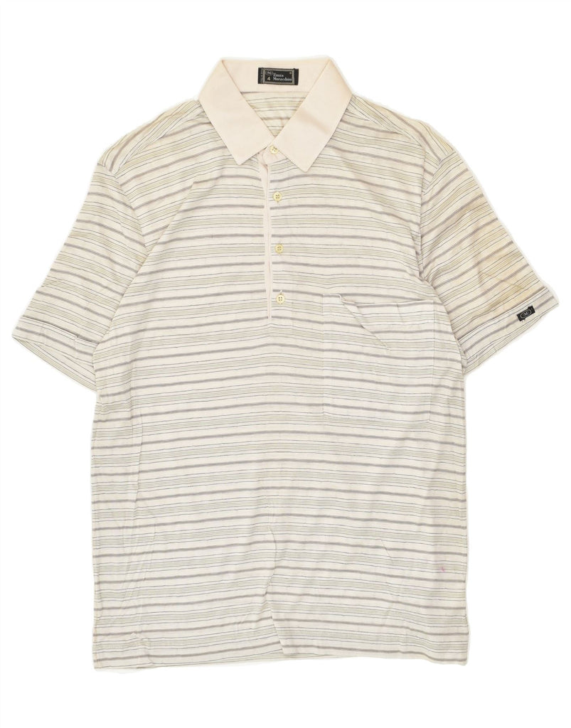 VINTAGE Mens Polo Shirt Medium Beige Striped Cotton | Vintage Vintage | Thrift | Second-Hand Vintage | Used Clothing | Messina Hembry 