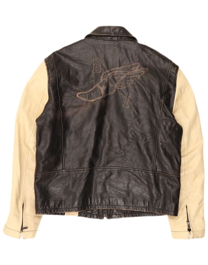 Brogden Mens Graphic Leather Jacket UK 42 XL Brown Colourblock
