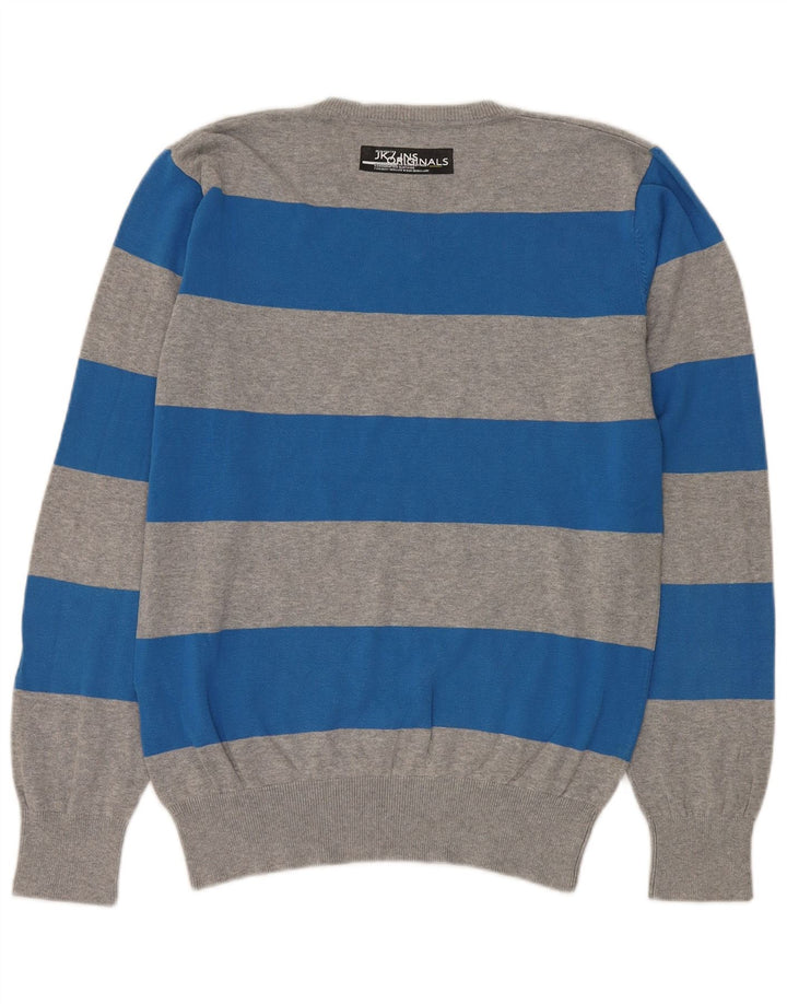 Jack & Jones Mens V-Neck Jumper Sweater Large Grey Striped Cotton