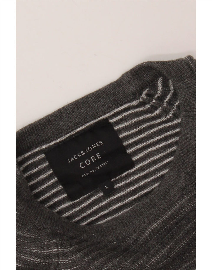 JACK & JONES Mens Crew Neck Jumper Sweater Large Grey Pinstripe