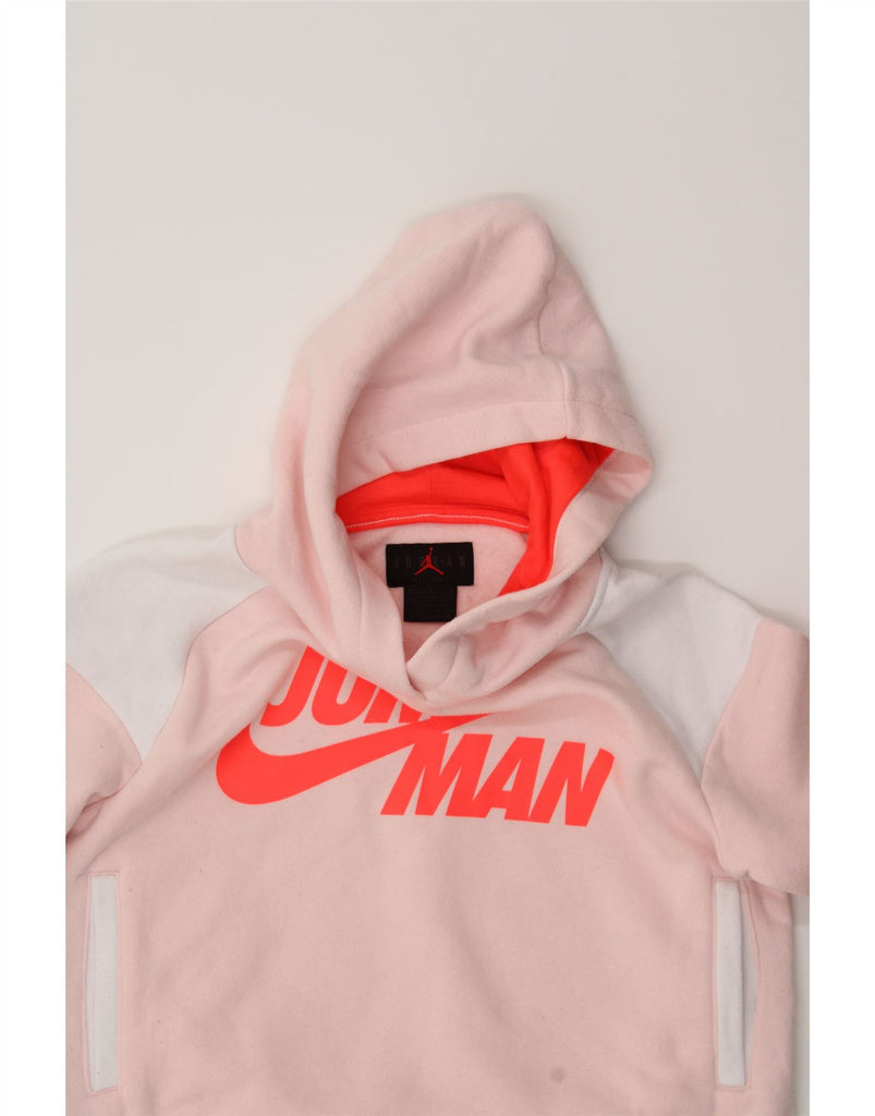 JORDAN Girls Crop Hoodie Jumper 10-11 Years Medium Pink Colourblock Vintage Jordan and Second-Hand Jordan from Messina Hembry 