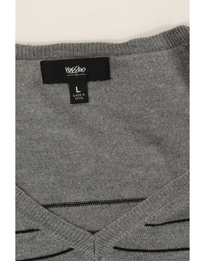 MOSSIMO Womens V-Neck Jumper Sweater UK 16 Large Grey Striped Nylon Vintage Mossimo and Second-Hand Mossimo from Messina Hembry 