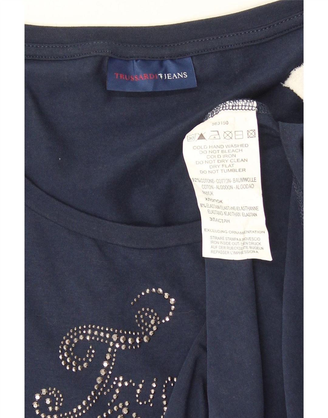 Trussardi Jeans Womens Graphic Top Long Sleeve UK 12 Medium Navy Blue