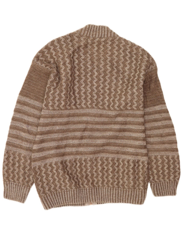 Vintage Mens Graphic Cardigan Sweater Large Brown Patchwork Wool