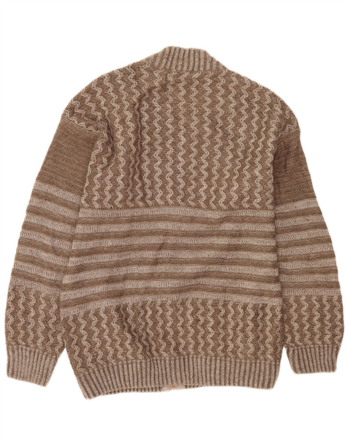 Vintage Mens Graphic Cardigan Sweater Large Brown Patchwork Wool