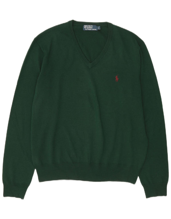 Polo Ralph Lauren Mens V-Neck Jumper Sweater Large Green Merino Wool