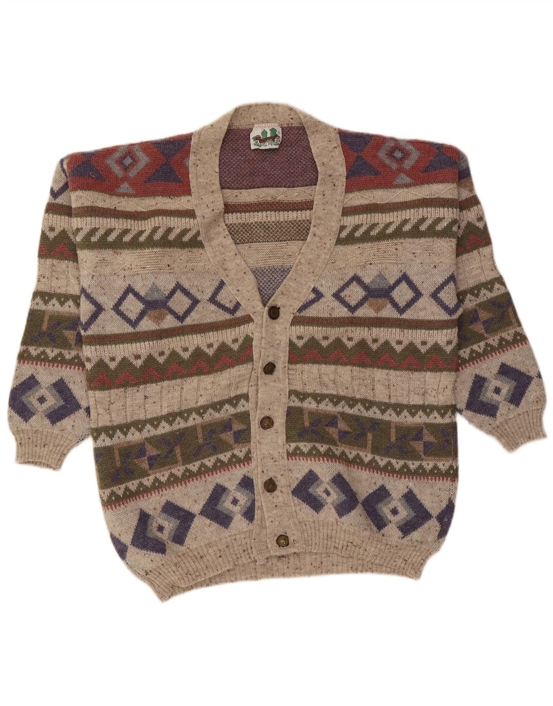 Vintage Mens Cardigan Sweater Large Multicoloured Geometric Wool