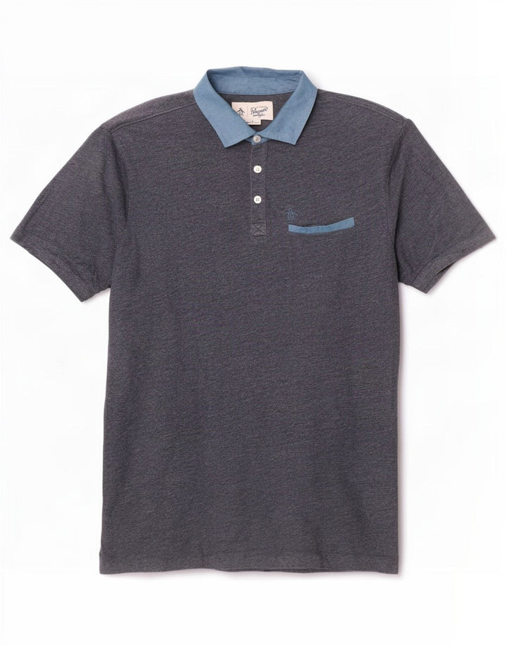 Penguin Mens Polo Shirt Medium Navy Blue Colourblock Cotton