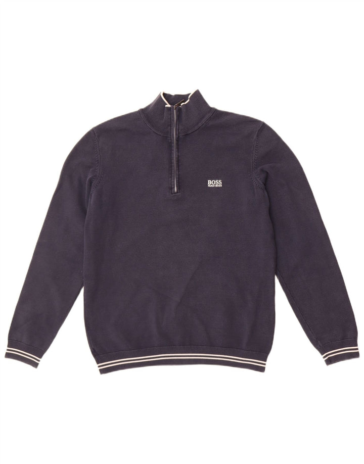 Hugo Boss Mens Zip Neck Sweatshirt Jumper Medium Navy Blue Cotton