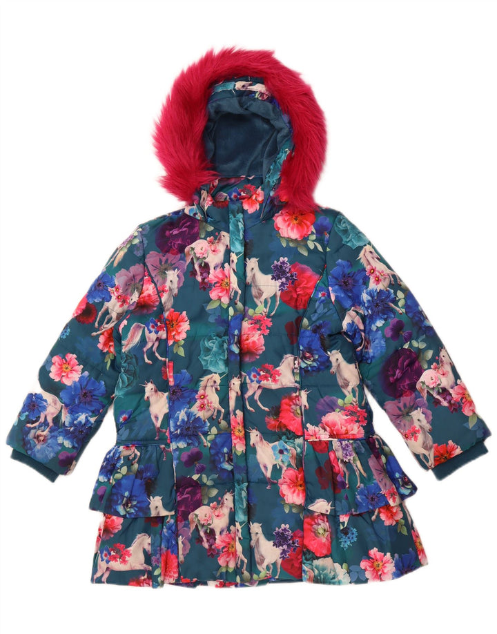 Monsoon Girls Hooded Padded Coat 7-8 Years Blue Floral Polyester