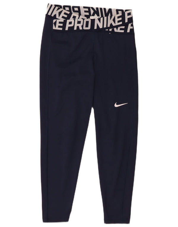Nike Womens Dri Fit Graphic Leggings UK 14 Medium Navy Blue Polyester