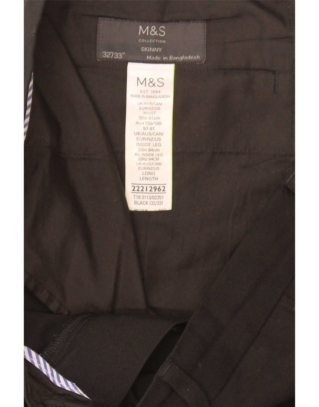 Marks & Spencer Mens Skinny Casual Trousers W33 L32 Black Polyester