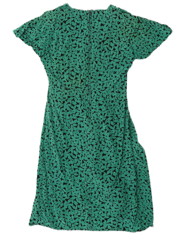Vintage Womens Abstract Pattern A-Line Dress UK 16 Large Green Silk