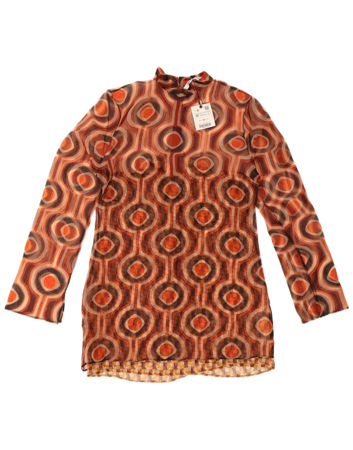 Zara Womens Long Sleeve Tunic Top UK 12 Medium Brown Geometric Polyester