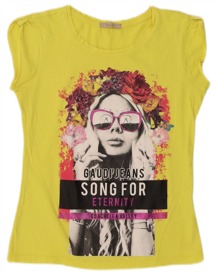 Gaudi Womens Graphic T-Shirt Top Small Yellow Cotton