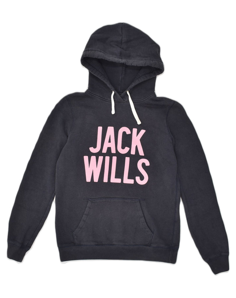 JACK WILLS Womens Graphic Hoodie Jumper UK 10 Small  Navy Blue Cotton | Vintage Jack Wills | Thrift | Second-Hand Jack Wills | Used Clothing | Messina Hembry 