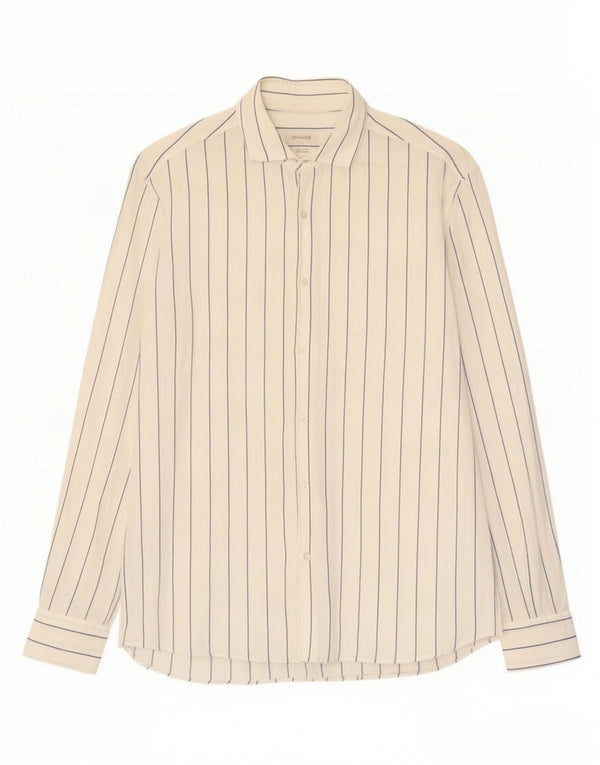 Massimo Dutti Mens Shirt Large White Pinstripe Linen