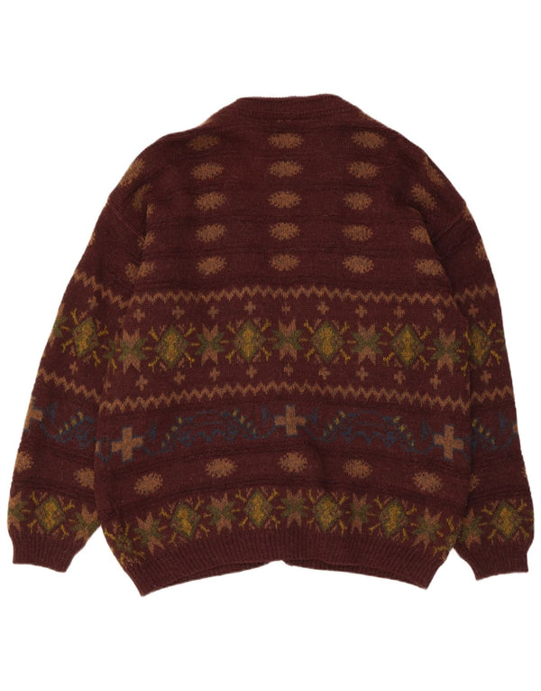 Vintage Mens Cardigan Sweater IT 50 Medium Brown Fair Isle Alpaca Wool