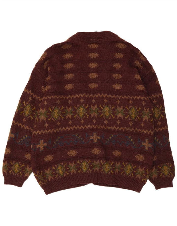Vintage Mens Cardigan Sweater IT 50 Medium Brown Fair Isle Alpaca Wool