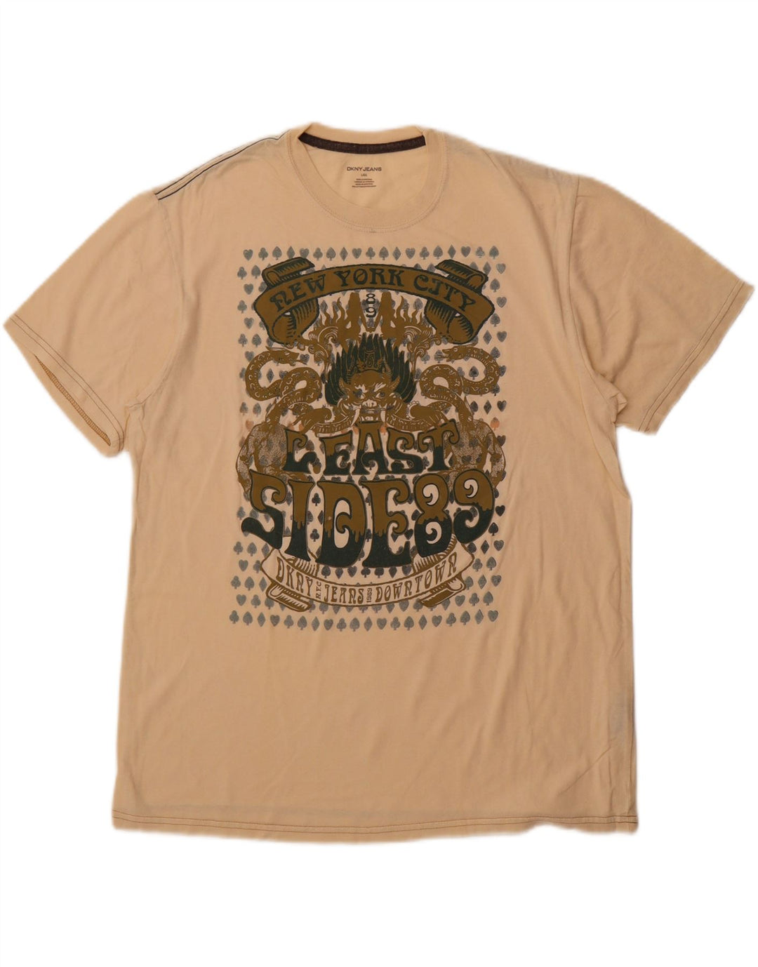 DKNY Mens Graphic T-Shirt Top Large Beige Cotton