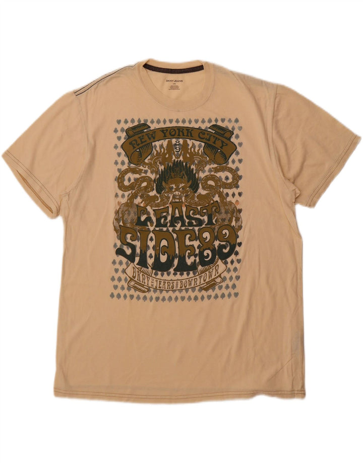 DKNY Mens Graphic T-Shirt Top Large Beige Cotton