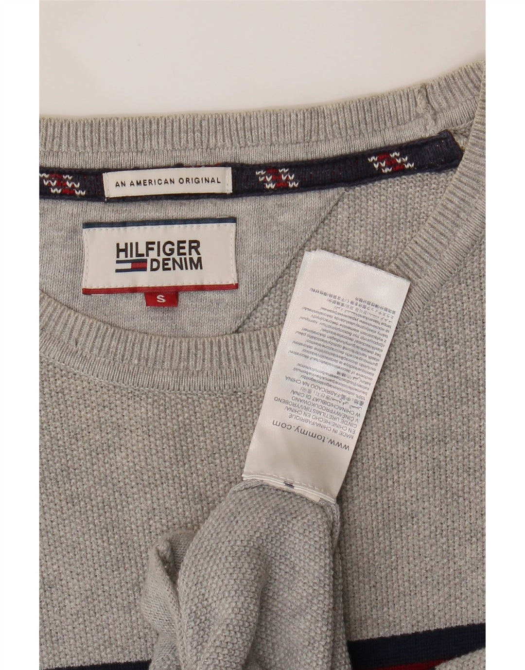 TOMMY HILFIGER Mens Crew Neck Jumper Sweater Small Grey Striped Cotton Vintage Tommy Hilfiger and Second-Hand Tommy Hilfiger from Messina Hembry 