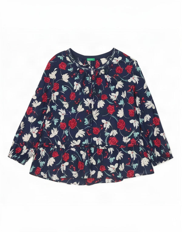 Benetton Womens 3/4 Sleeve Blouse Top UK 18 XL Navy Blue Floral Cotton