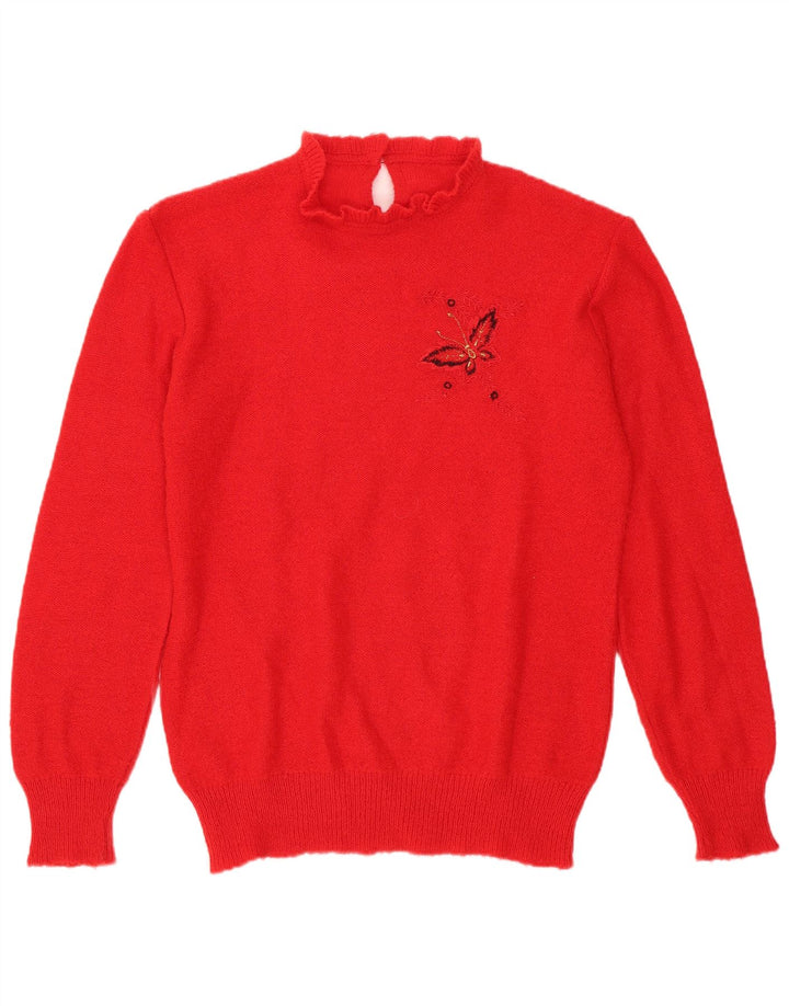 Vintage Womens Turtle Neck Jumper Sweater UK 14 Medium Red Butterfly