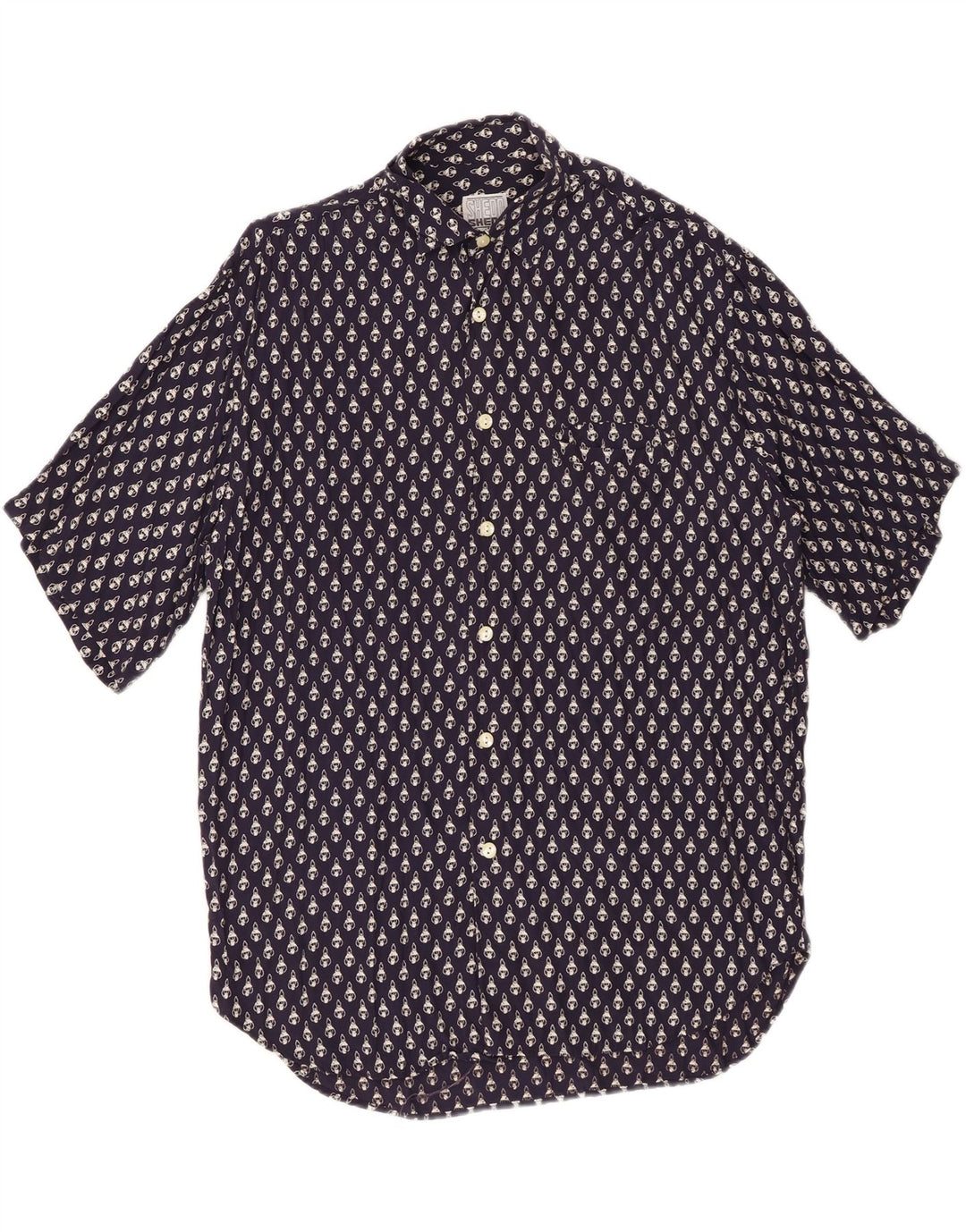 VINTAGE Mens Abstract Pattern Short Sleeve Shirt Medium Navy Blue Viscose