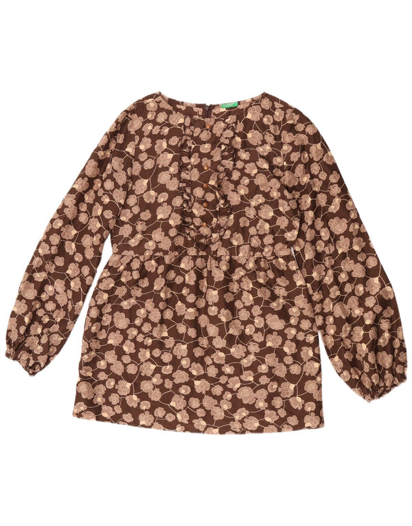 Benetton Womens Long Sleeve Blouse Top UK 10 Small Brown Floral Silk