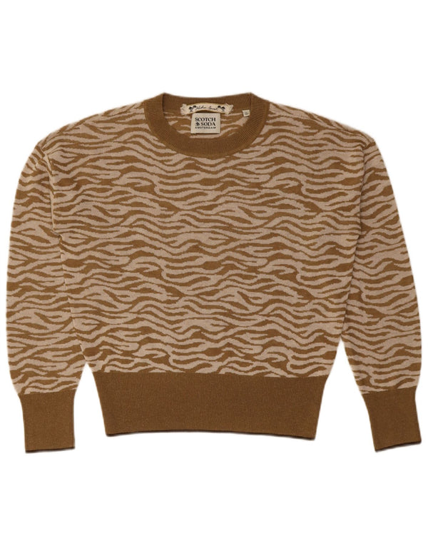 Scotch & Soda Womens Crew Neck Jumper Sweater UK 6 XS Brown Animal Print