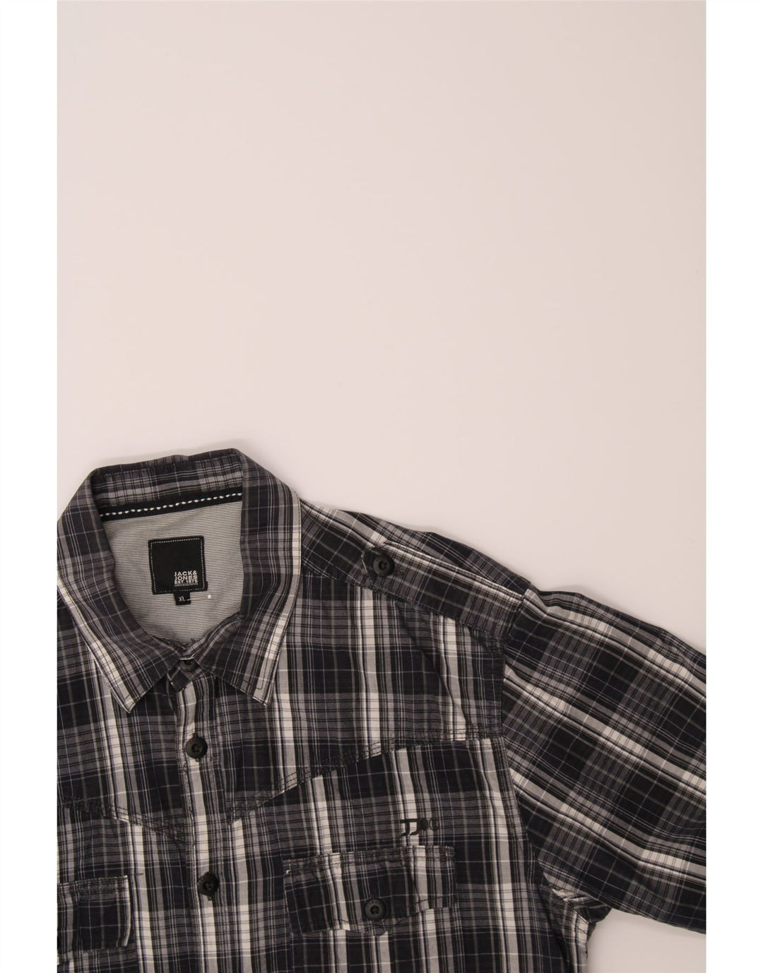 JACK & JONES Mens Military Shirt XL Grey Check Vintage Jack & Jones and Second-Hand Jack & Jones from Messina Hembry 