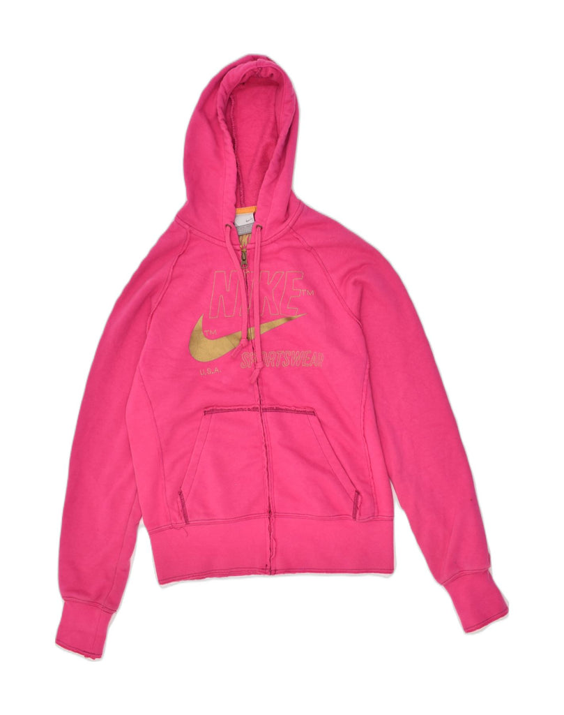 NIKE Womens Graphic Zip Hoodie Sweater UK 12 Medium Pink Cotton | Vintage Nike | Thrift | Second-Hand Nike | Used Clothing | Messina Hembry 