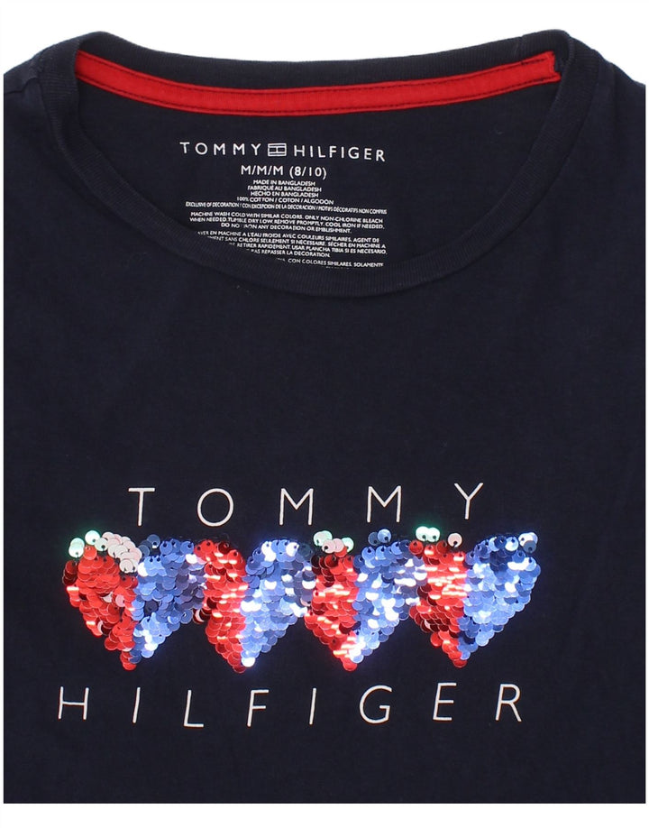 Tommy Hilfiger Girls Graphic T-Shirt Top 8-9 Years Medium Navy Blue Cotton