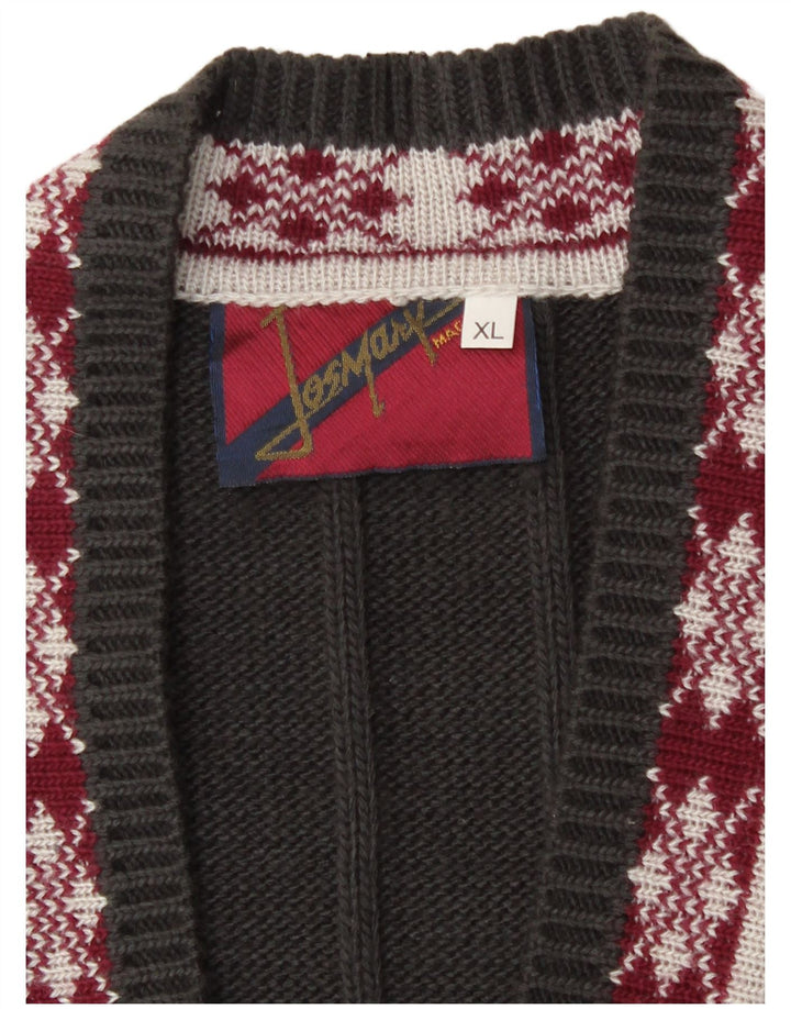 Vintage Mens Graphic Cardigan Sweater XL Grey