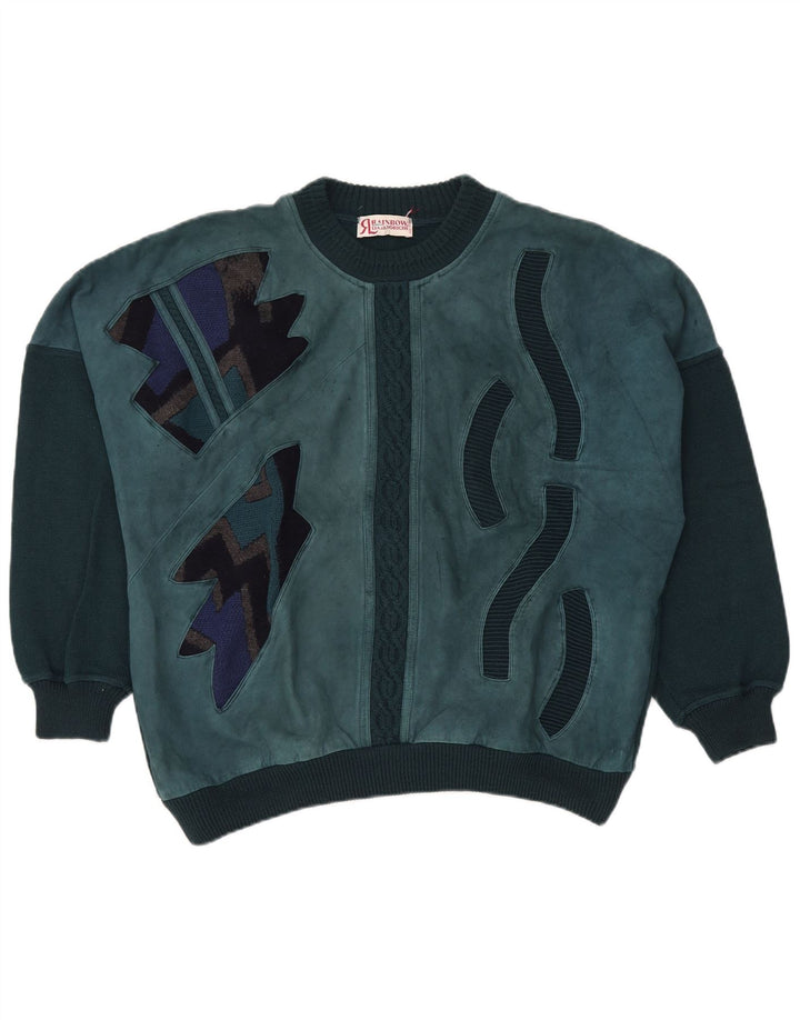 Vintage Mens Abstract Pattern Crew Neck Jumper Sweater Large Green Retro